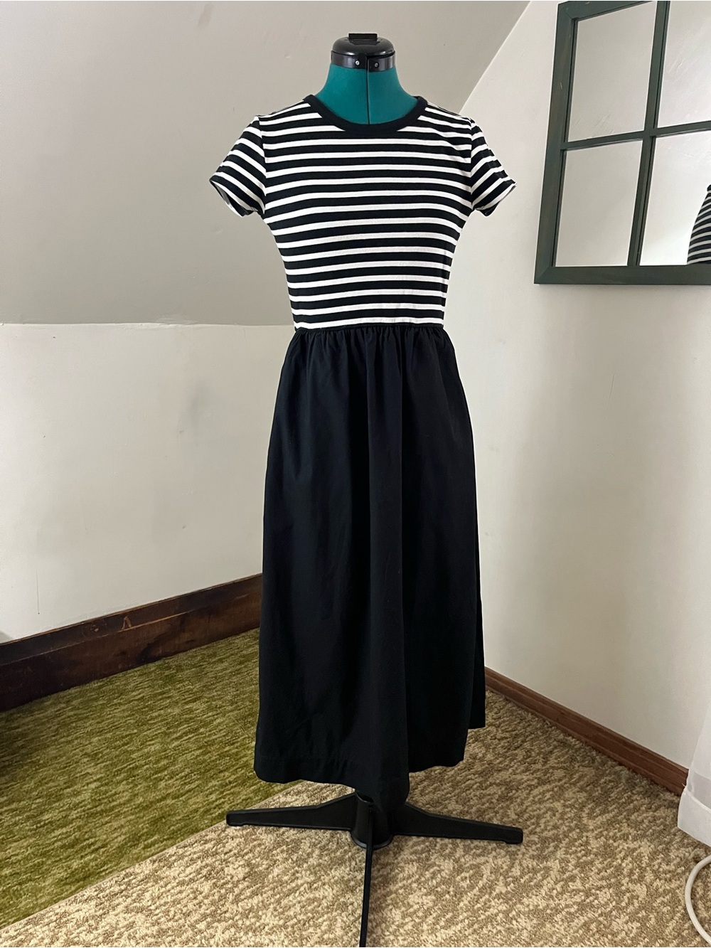 J. Crew Mixed Media Black & White Striped Short-Sleeve Midi Dress